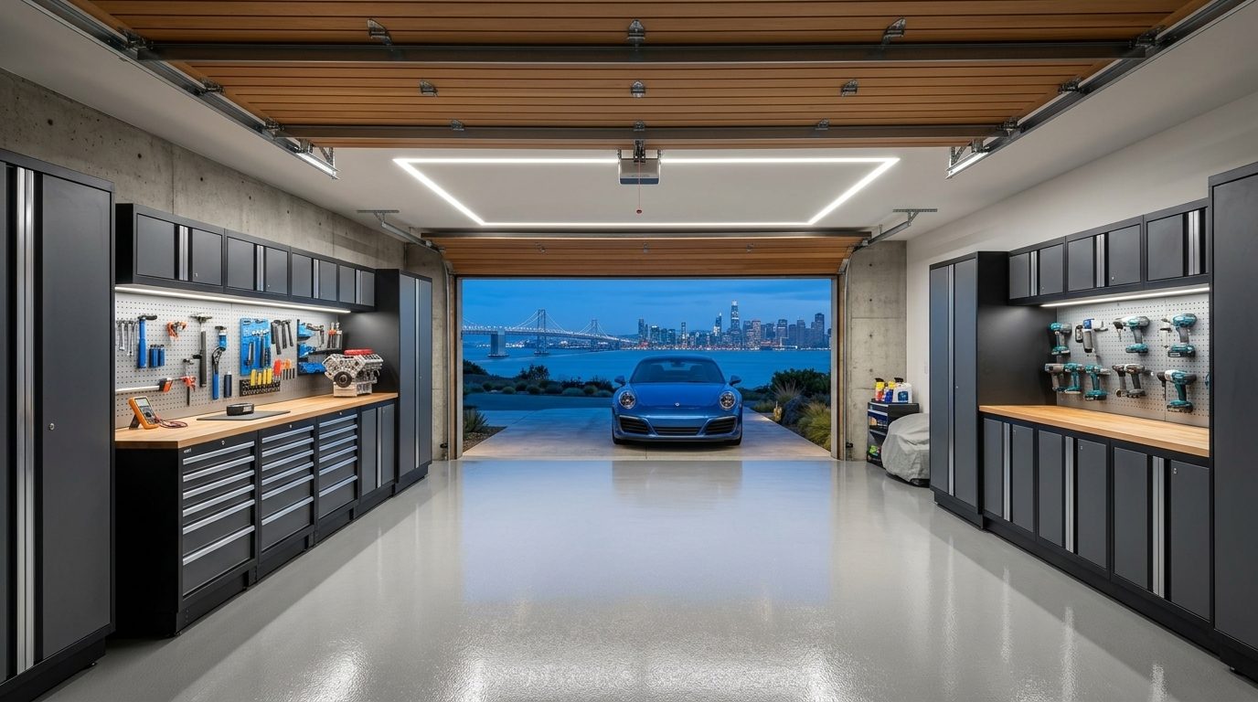 Simpson Garage Door Repairs Interior View of Custom Garage Door Overhead and Workshop